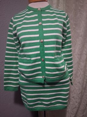 Green and White Striped Knit Cardigan Set